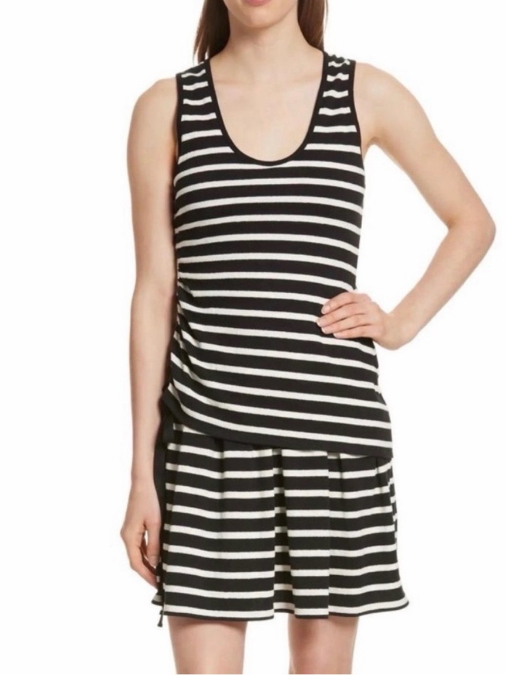 Derek Lam 10 Crosby Stripe Jersey Layered Shift Dress in Black Cream Size Small